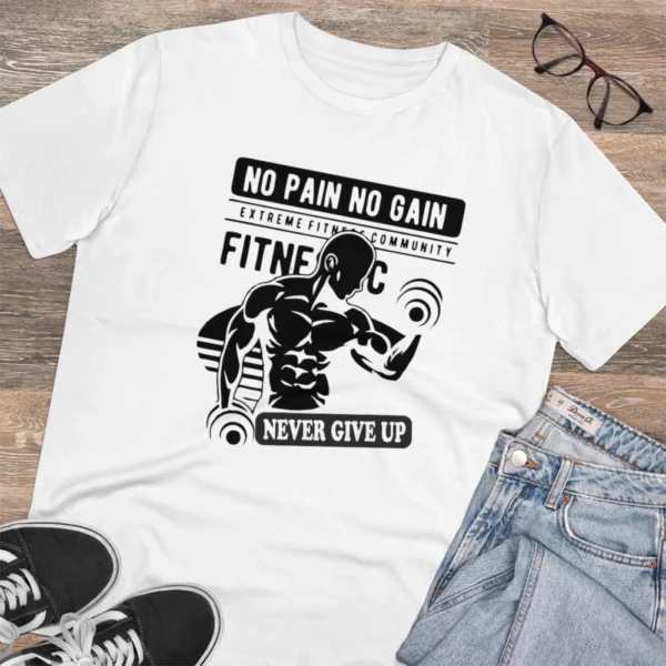Men's PC Cotton Gym No Pain No Gain Never Give Up Printed T Shirt (Color: White, Thread Count: 180GSM)