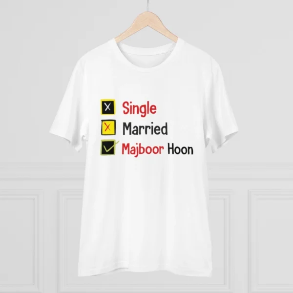 Men's PC Cotton Single Married Majbur Printed T Shirt (Color: White, Thread Count: 180GSM)