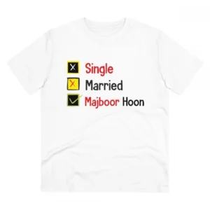 Men's PC Cotton Single Married Majbur Printed T Shirt (Color: White, Thread Count: 180GSM)