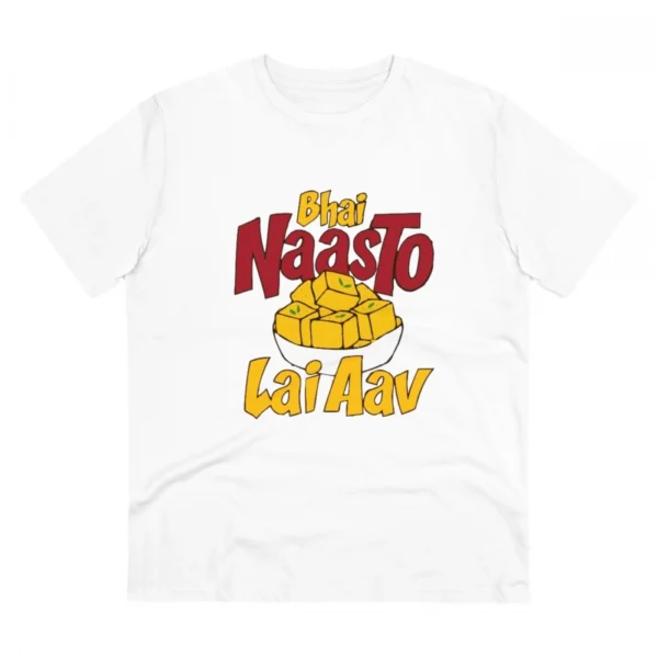 Men's PC Cotton Bhai Nasto Lai Aav Printed T Shirt (Color: White, Thread Count: 180GSM)