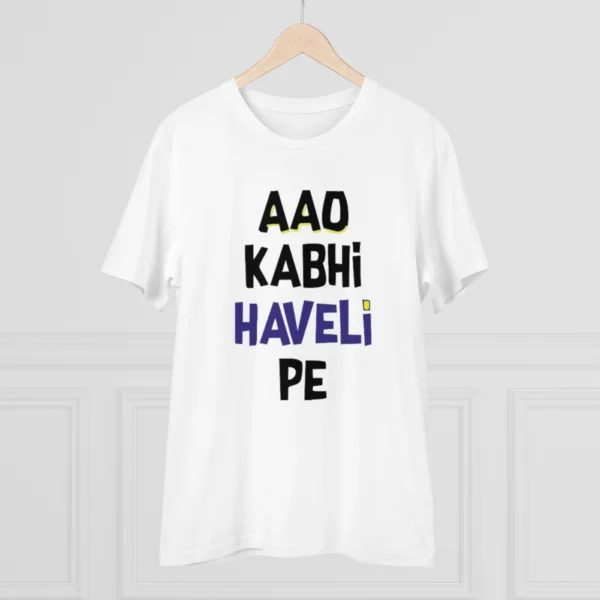 Men's PC Cotton Aao Kabhi Haveli Pe Printed T Shirt (Color: White, Thread Count: 180GSM)