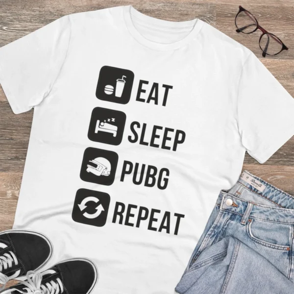 Men's PC Cotton Eat Sleep Pubg Repeat Printed T Shirt (Color: White, Thread Count: 180GSM)