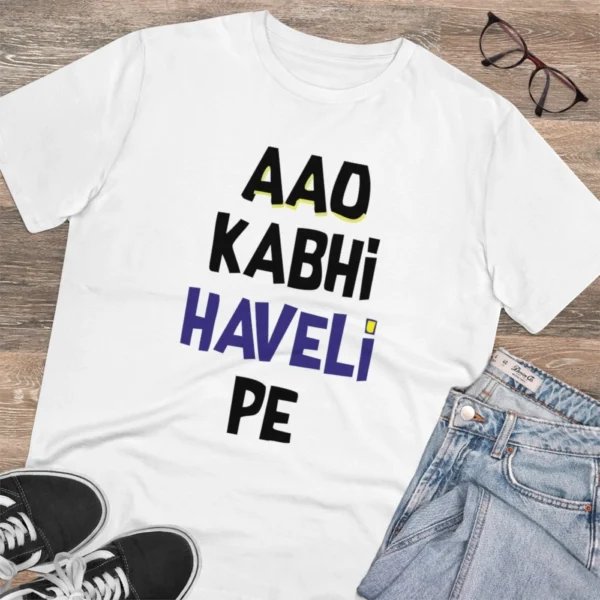 Men's PC Cotton Aao Kabhi Haveli Pe Printed T Shirt (Color: White, Thread Count: 180GSM)