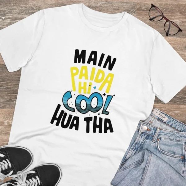 Men's PC Cotton Me Paida Hi Cool Huaa Tha Printed T Shirt (Color: White, Thread Count: 180GSM)