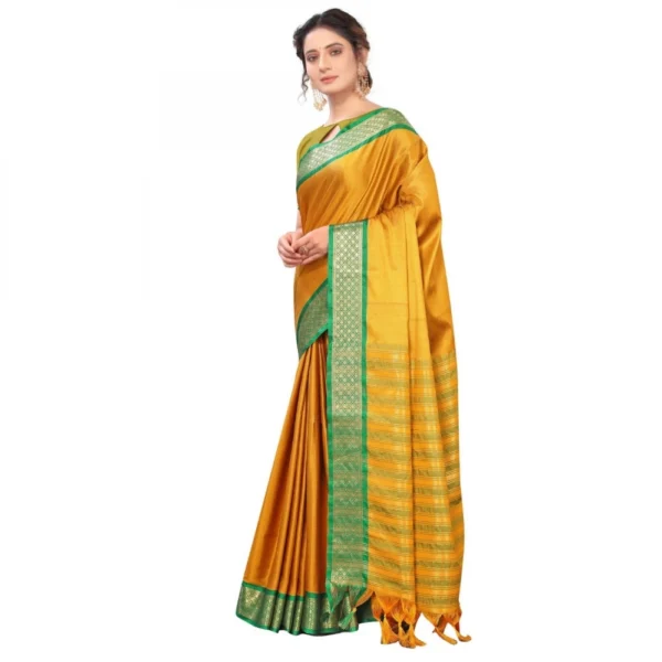Women's Cotton Silk Saree With Blouse (Gold, 5-6Mtrs)