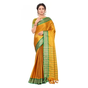 Women's Cotton Silk Saree With Blouse (Gold, 5-6Mtrs)