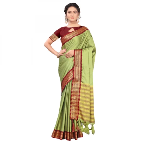 Women's Cotton Silk Saree With Blouse (Pista Green, 5-6Mtrs)
