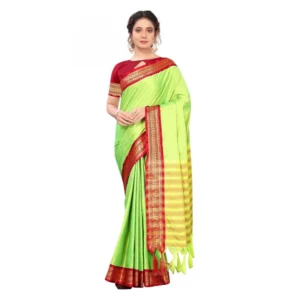 Women's Cotton Silk Saree With Blouse (Parrot Green, 5-6Mtrs)