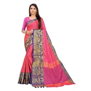 Women's Cotton Silk Saree With Blouse (Pink, 5-6Mtrs)