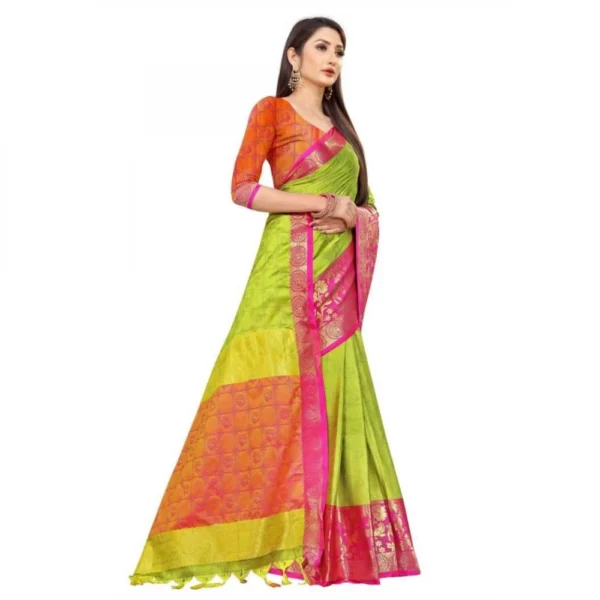 Women's Cotton Silk Saree With Blouse (Parrot Green, 5-6Mtrs)