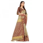 Women's Cotton Silk Saree With Blouse (Beige, 5-6Mtrs)