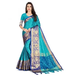 Women's Cotton Silk Saree With Blouse (Navy Blue, 5-6Mtrs)