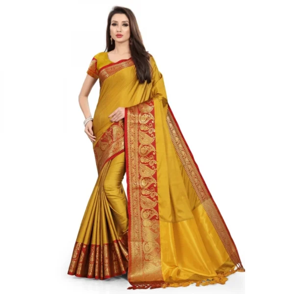 Women's Cotton Silk Saree With Blouse (Mustard Red, 5-6Mtrs)