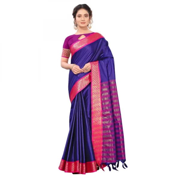 Women's Cotton Silk Saree With Blouse (Blue, 5-6Mtrs)