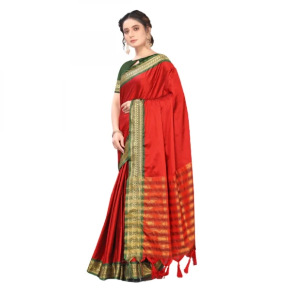 Women's Cotton Silk Saree With Blouse (Red, 5-6Mtrs)