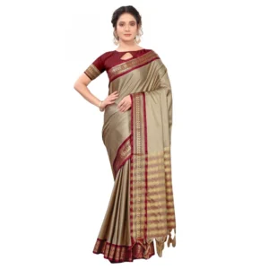 Women's Cotton Silk Saree With Blouse (Beige, 5-6Mtrs)