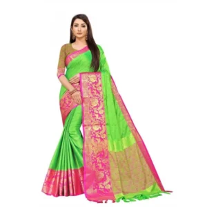 Women's Cotton Silk Saree With Blouse (Green, 5-6Mtrs)