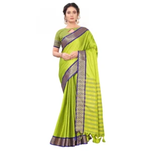 Women's Cotton Silk Saree With Blouse (Parrot Green, 5-6Mtrs)