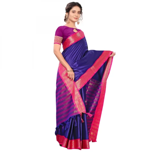 Women's Cotton Silk Saree With Blouse (Blue, 5-6Mtrs)