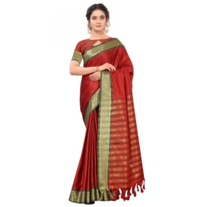Women's Cotton Silk Saree With Blouse (Red, 5-6Mtrs)