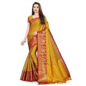 Women's Cotton Silk Saree With Blouse (Mustard Red, 5-6Mtrs)