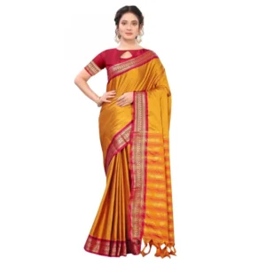 Women's Cotton Silk Saree With Blouse (Yellow, 5-6Mtrs)