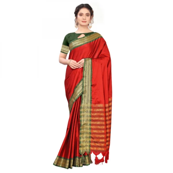 Women's Cotton Silk Saree With Blouse (Red, 5-6Mtrs)