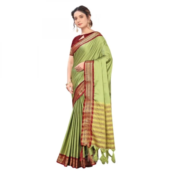 Women's Cotton Silk Saree With Blouse (Pista Green, 5-6Mtrs)