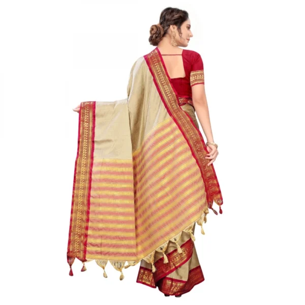Women's Cotton Silk Saree With Blouse (Cream, 5-6Mtrs)
