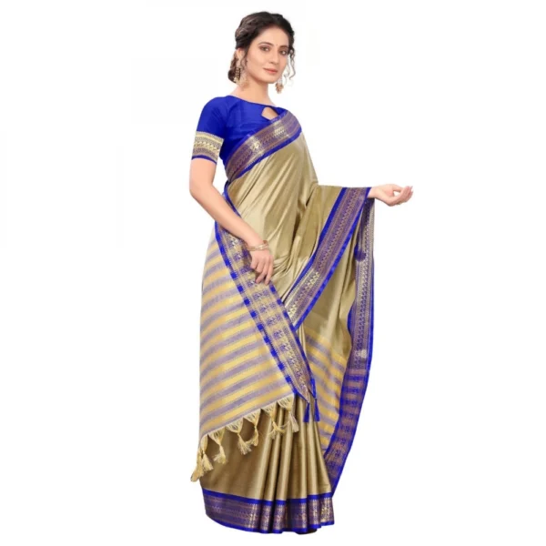 Women's Cotton Silk Saree With Blouse (Blue, 5-6Mtrs)