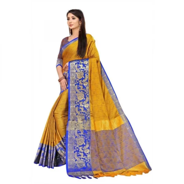 Women's Cotton Silk Saree With Blouse (Yellow, 5-6Mtrs)