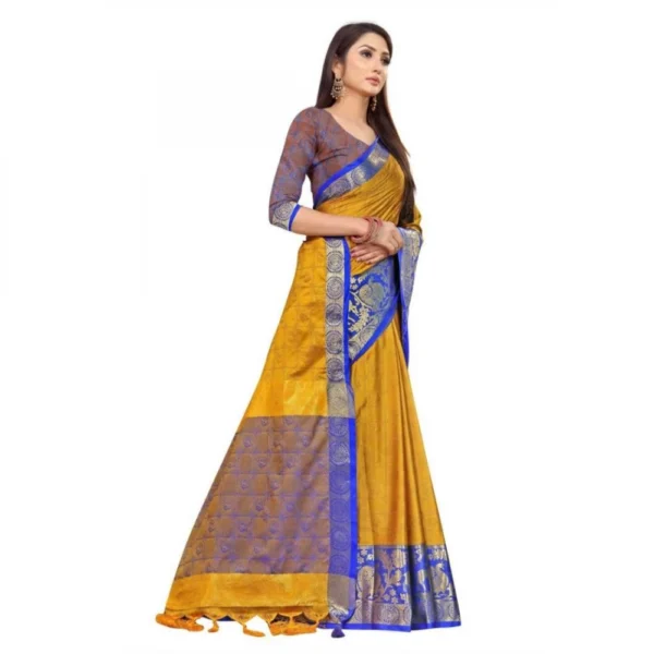 Women's Cotton Silk Saree With Blouse (Yellow, 5-6Mtrs)