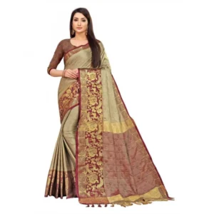 Women's Cotton Silk Saree With Blouse (Beige, 5-6Mtrs)