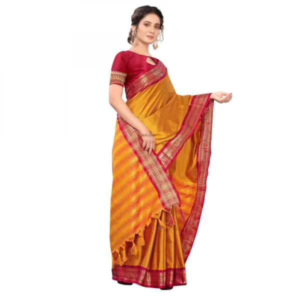 Women's Cotton Silk Saree With Blouse (Yellow, 5-6Mtrs)