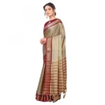 Women's Cotton Silk Saree With Blouse (Beige, 5-6Mtrs)