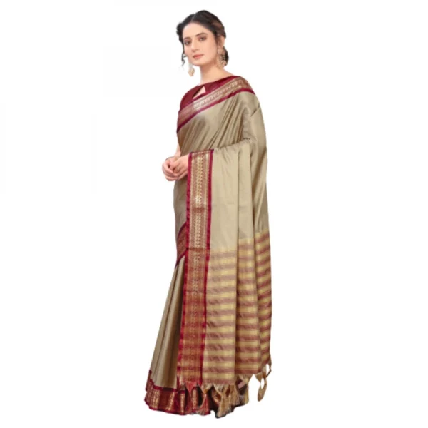 Women's Cotton Silk Saree With Blouse (Beige, 5-6Mtrs)