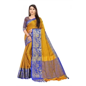 Women's Cotton Silk Saree With Blouse (Yellow, 5-6Mtrs)