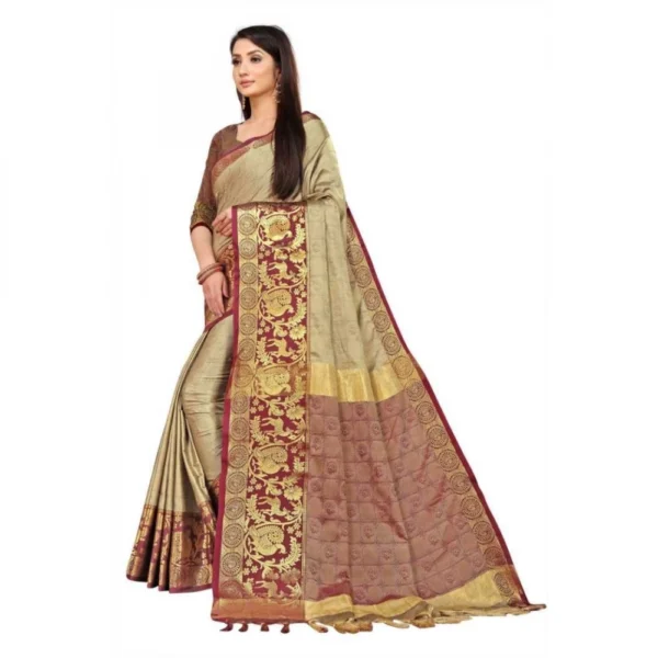 Women's Cotton Silk Saree With Blouse (Beige, 5-6Mtrs)