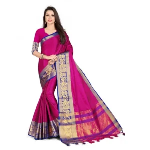 Women's Cotton Silk Saree With Blouse (Blue, 5-6Mtrs)