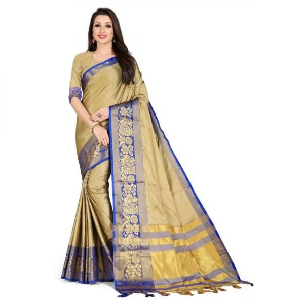 Women's Cotton Silk Saree With Blouse (Blue, 5-6Mtrs)