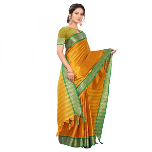 Women's Cotton Silk Saree With Blouse (Gold, 5-6Mtrs)