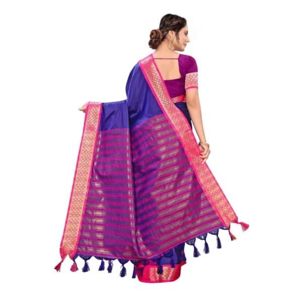 Women's Cotton Silk Saree With Blouse (Blue, 5-6Mtrs)