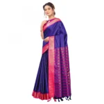 Women's Cotton Silk Saree With Blouse (Blue, 5-6Mtrs)