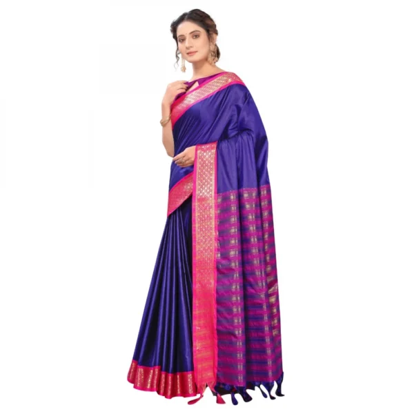 Women's Cotton Silk Saree With Blouse (Blue, 5-6Mtrs)