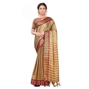 Women's Cotton Silk Saree With Blouse (Beige, 5-6Mtrs)