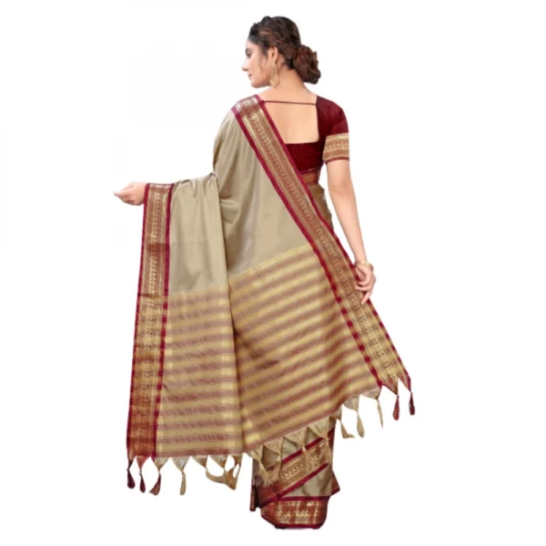 Women's Cotton Silk Saree With Blouse (Beige, 5-6Mtrs)