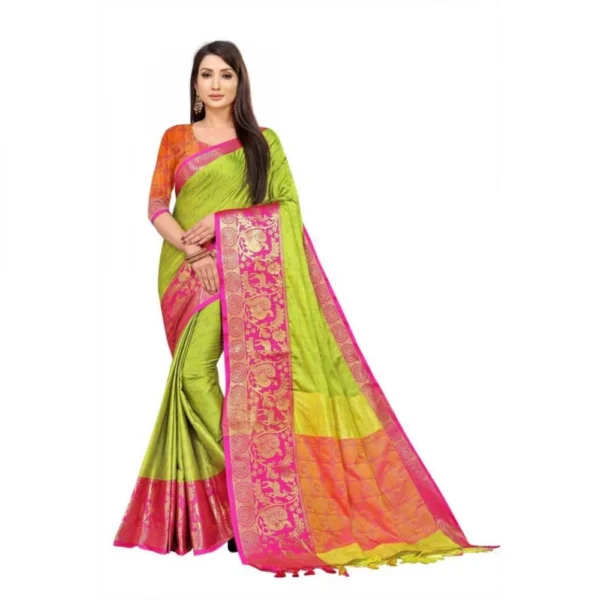 Women's Cotton Silk Saree With Blouse (Parrot Green, 5-6Mtrs)