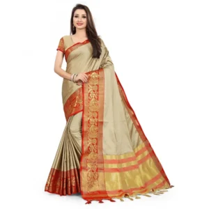 Women's Cotton Silk Saree With Blouse (Red, 5-6Mtrs)