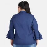 Women's Casual Bell Sleeve Solid Blue Top (Color:Blue, Material:Crepe)