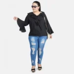 Women's Casual Bell Sleeve Solid Black Top (Color:Black, Material:Georgette)
